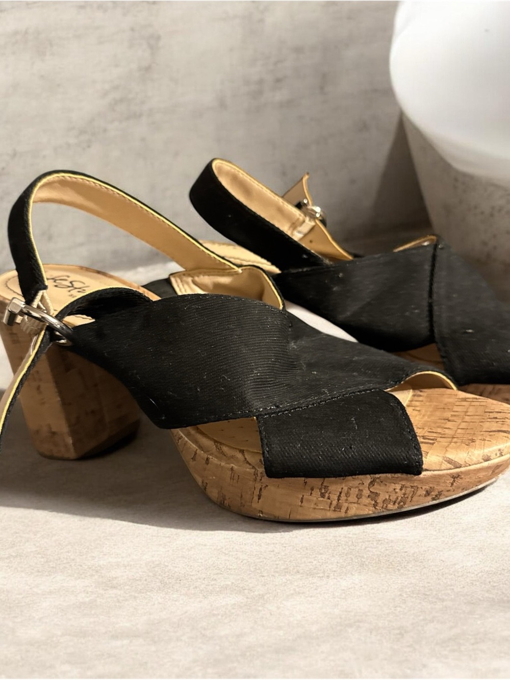 Life Stride Black Cork Block Heel Slingback Wedges